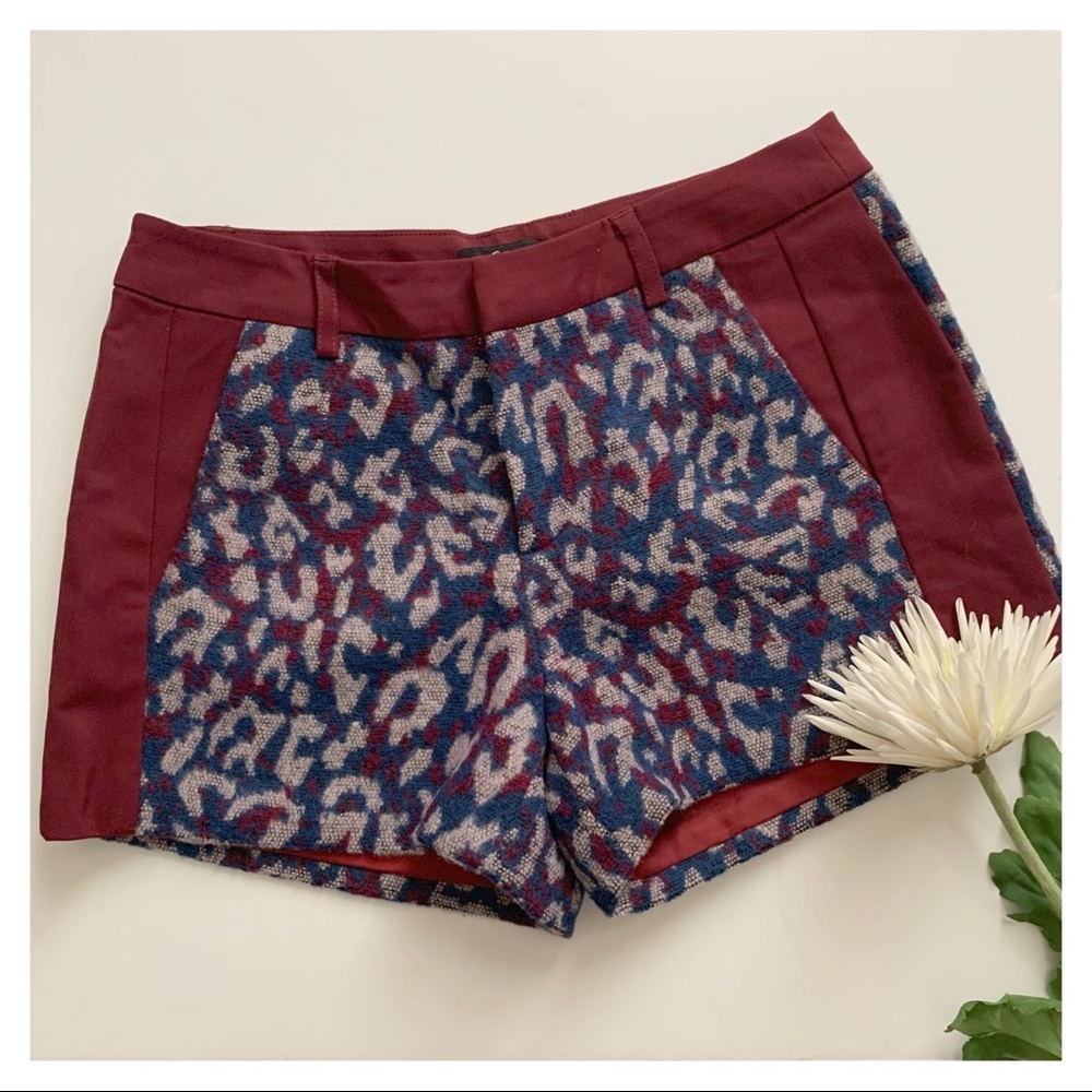 Burgundy and blue penelled mix fabric shorts leopard print